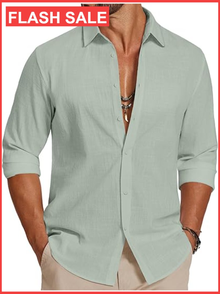 Men's Casual Button Down Shirt Long Sleeve Cotton Beach Wedding Summer Linen